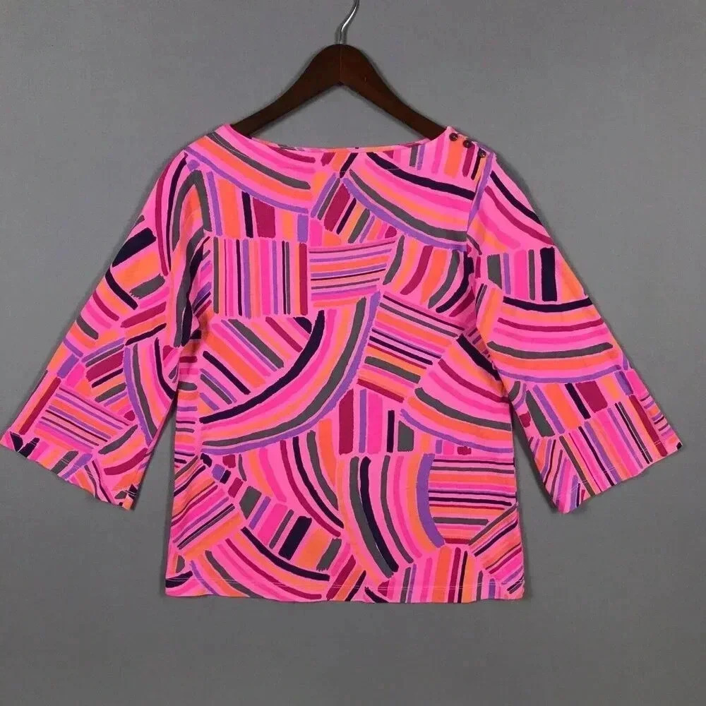 Fresh Produce 3/4 Sleeve Tunic Top Women Size XS Hot Pink Stripe Print Cotton